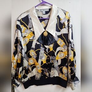 Vintage Starington Silk Blouse Watch Chain Print Statement Collar Brooch Top 14
